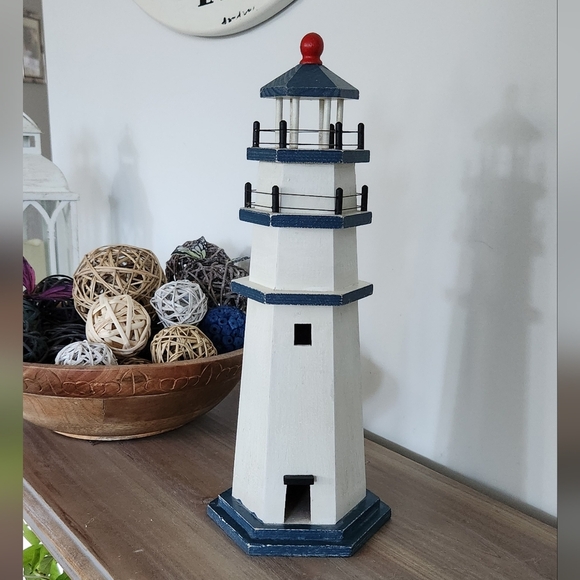 ⚓ Heritage Mint Wooden Nautical Lighthouse Décor – White & Blue, 15” Tall - Picture 1 of 16